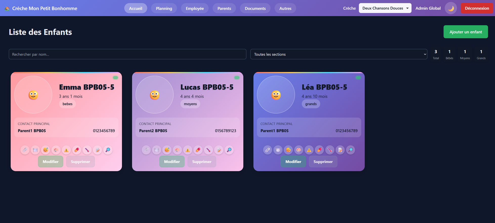 Interface de gestion des enfants d'une micro-crèche
