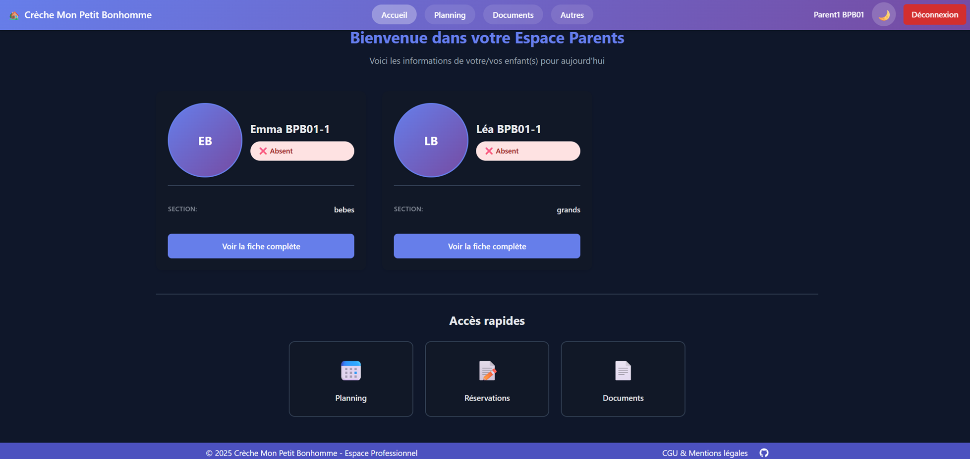 Tableau de bord sécurisé destiné aux familles